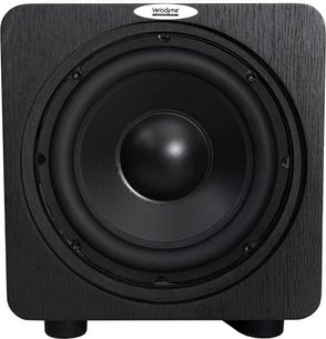 Subwoofer Velodyne Deep Blue 8 nero, vista frontale, altoparlante circolare nero al centro, cornice quadrata nera opaca