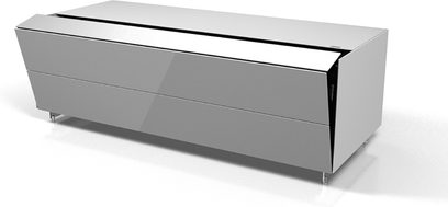 Lavt gråmetallic TV-møbel med blankt frontpanel med vandret rille, 2 låger, kromfødder, moderne stil