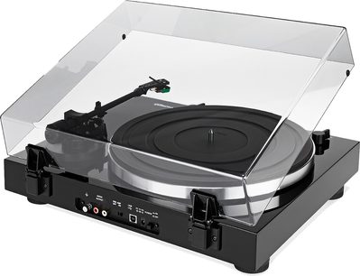 Thorens TD 202 pladespiller i sort lak, set fra oven i perspektiv, med åbent gennemsigtigt låg og sort tonearm