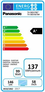 Energimærke for et Panasonic TX-58EX780* TV: Energiklasse A+, 137 kWh/år, 99 W, 146 cm, 58 tommer, 2010/1062 - 2017