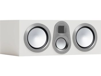 Monitor Audio Gold C250 6G centerhøjttaler i hvid satin, set forfra, 2 store cirkulære højttalere, 1 lille central