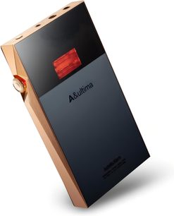 Lettore audiofilo Astell&Kern SP3000T rame, vista angolare, schermo nero, pulsante zigrinato dorato, superficie liscia, connettori superiori