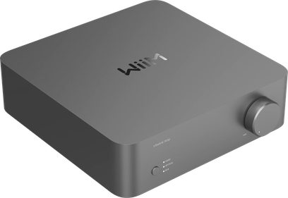 Stereo hi-fi integreret forstærker WiiM Vibelink Space grey med rektangulært gråt kabinet, cirkulær knap til højre, tekst og indikatorer på fronten