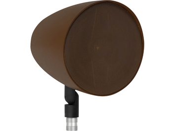 Diffusore da esterno CLG160, vista frontale con angolazione leggermente laterale, corpo arrotondato marrone, griglia perforata circolare, supporto nero
