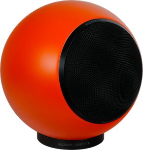 Regálový reproduktor Elipson Planet L Performance v matné oranžové, sférický design s černou přední mřížkou na černém podstavci