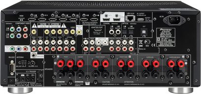 Pioneer SC-LX56 sort hjemmebiografsforstærker, frontpanel, frontvisning, mange stik og knapper, central LCD-skærm