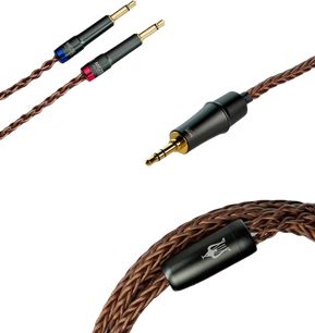 Cables de audio trenzados marrones con conectores jack de 3,5 mm chapados en oro negro, rojo y azul, de la marca Meze Audio