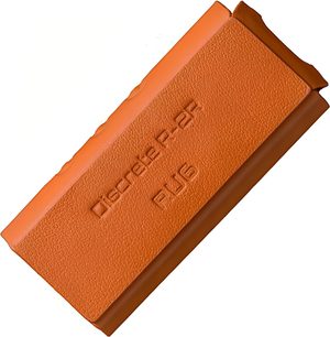 Three-quarter view of a Cayin case in orange grained leather for RU6, rigid rectangular shape with embossed “Discrete R-2R RU6” marking on the front