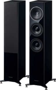Technics SB-G90M2 black lacquered floor-standing speaker, front view, 3 vertically aligned speakers in a glossy black enclosure