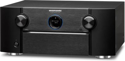 Préampli home-cinéma Marantz AV7706 noir, vue de face, avec deux boutons rotatifs et un écran bleu affichant "Blu-ray 60"