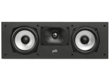 Caixa acústica central Polk Audio Monitor XT30 preta, vista frontal, com dois alto-falantes circulares brancos e um tweeter central preto