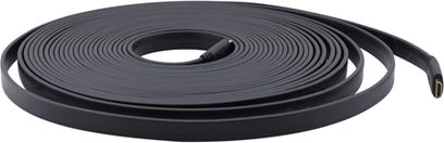 Kramer Electronics FLAT-35 fladt sort HDMI-kabel, rullet op i en spiral, stik i begge ender, set ovenfra på hvid baggrund
