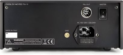 Gold Note PSU-10 zilveren externe voeding, achterzijde, aansluitingen en schakelaar, close-upweergave