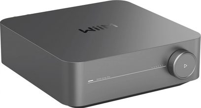 Amplificador hi-fi estéreo integrado WiiM Amp Pro cinza espacial com caixa retangular, botão circular à direita e logotipo na parte superior