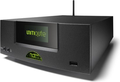 Naim UnitiQute 2 sort højfedelt system, perspektivisk forfra, grøn "UniQute"-skærm på frontpanelet