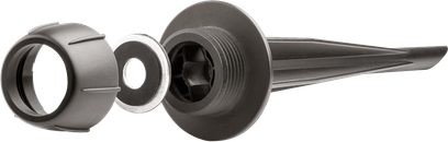 Pied d'enceinte Garden Oasis Pieu con corpo nero, composto da 4 elementi allineati: cappuccio, rondella, base filettata, asta affusolata