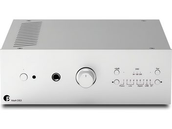 Geïntegreerde stereoversterker Pro-Ject MaiA DS3 zilver, vooraanzicht, strakke voorzijde met grote centrale knop en display rechts