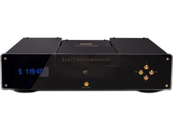 CD přehrávač Electrocompaniet EMC 1 MK V černý, čelní panel s modrým displejem, zlatá tlačítka, pohled zepředu