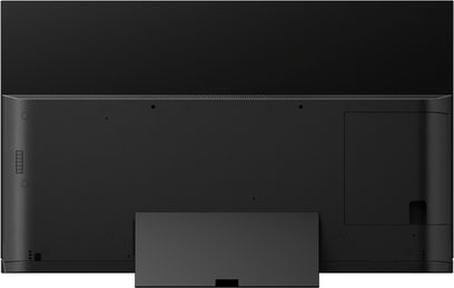 Panasonic TX-65GZ1500E-tv, set forfra, slukket skærm, smal sort mat ramme, rektangulært centralt sort fod