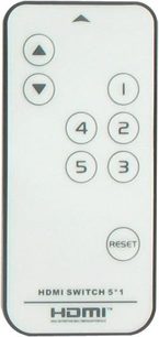 Grå HDMI Switch 5*1 fjernbetjening med 6 runde knapper, 1 rektangulær "RESET"-knap og "HDMI"-logo nederst til højre, set forfra