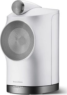 Bowers & Wilkins Formation Duo witte luidspreker, vooraanzicht, ronde roosters, witte cilindrische behuizing en donkergrijze basis
