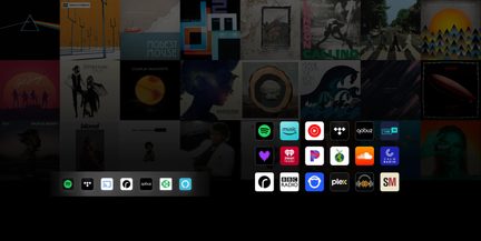 Muziekstreaming-tv-interface met een muur van albumhoezen en een rij pictogrammen van Spotify, Deezer en Apple Music