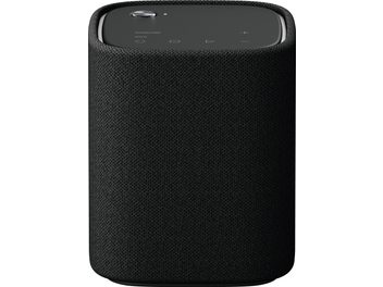Black cylindrical Yamaha WS-X1A speaker, mesh fabric, metal touch buttons, matte plastic base, 18x10cm