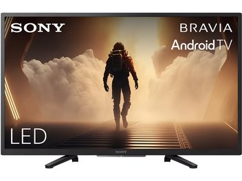 Televizor Sony KD32W800P1 črne barve, s tankim okvirjem, verjetno iz plastike, pogled od spredaj, z dvema narazen postavljenima nogama