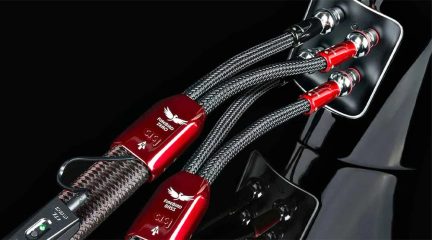 Primo piano di cavi neri con guaina tessile intrecciata, moduli metallici rossi e spine a banana, su morsettiera nera
