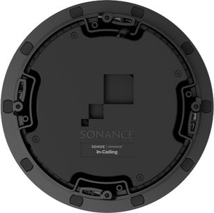 Sonance Sonos In-Ceiling loftmonteringshøjttaler, frontvisning, cirkulær sort gitter med Sonance-logo i midten