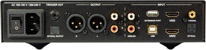 Convertitore audio DAC Nuprime DAC-9X nero, lato posteriore, connettori audio analogici e digitali, interruttore, vista ravvicinata