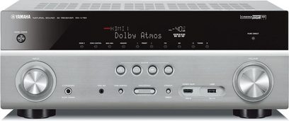 Yamaha RX-V781 titanium home theater amplifier, front panel, LCD screen, control buttons, inputs, sleek design
