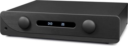 Amplificador hi-fi integrado estéreo Atoll Electronique IN300 Evolution, vista de três quartos, fachada preta, 2 botões circulares, tela central exibindo "DVD 26"