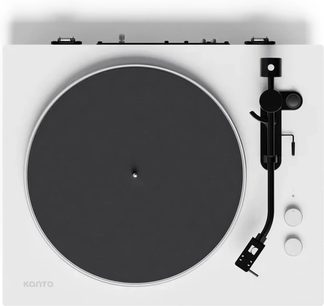 White Kanto OBI3 G2 turntable, top view, with black platter and black tonearm