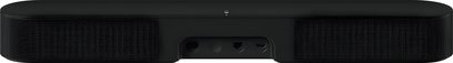 Soundbar Sonos Beam (Gen 2) nera opaca, vista frontale, forma rettangolare allungata con bordi arrotondati, griglia nera su tutta la superficie