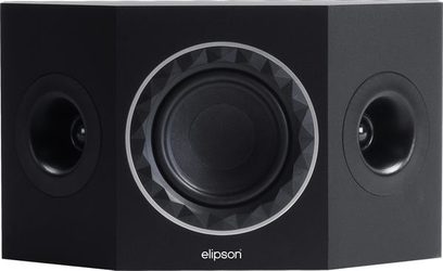 Elipson Prestige Facet 7SR højttaler, sort, set forfra, mat sort kabinet, rund, blank sort midterhøjttaler omgivet af en sølvfarvet ring