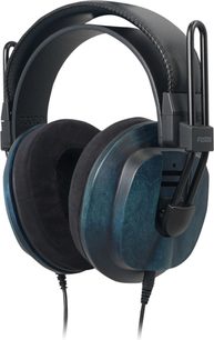 Fostex T60RP Mk2 Ai blå hi-fi-hovedtelefon med ørekopper i træ, bred sort bøjle og tykke ørepuder set i trekvart profil