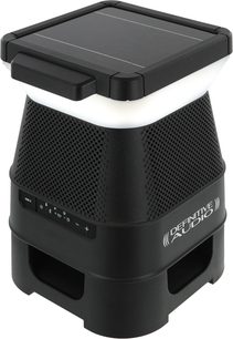 Přenosný Bluetooth reproduktor Definitive Audio Solar Easyrider, pohled z úhlu, černý design, perforovaný kryt, ovládací panel s USB-C