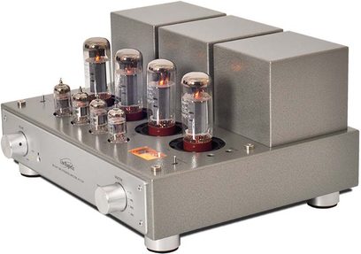 Amplificatore hi-fi a valvole Line Magnetic LM-211IA argento, vista frontale, 6 valvole, 2 trasformatori, manopole e connettori