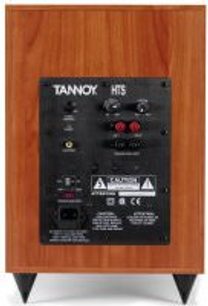Black Tannoy HTS subwoofer with buttons and connectors on the rear, viewed from a three-quarter rear angle