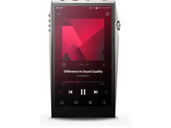 Tragbarer Audioplayer Astell&Kern SP3000T, Frontansicht, eingeschalteter Bildschirm mit Musikwiedergabe-Oberfläche, 4 Seitentasten links, geriffeltes Drehrad rechts