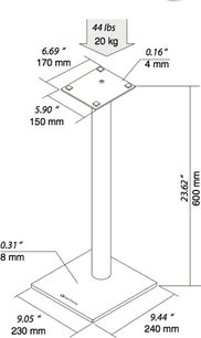 Norstone Design Epur Stand højttaler-fod, set forfra og fra siden med mål, i stål, firkantet base, cylindrisk søjle