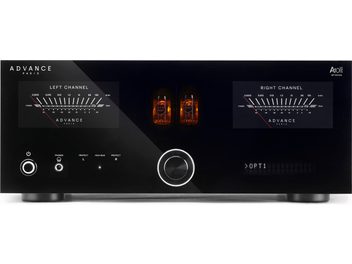Stereo versterker Advance Paris A10 Apex 30TH, zwarte voorkant, twee VU-meters, oranje vacuümbuizen, metalen knop, vooraanzicht