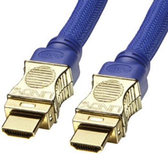 To guldbelagte HDMI-stik fra Lindy Premium, forbundet med et 15 meter langt blåt kabel, set fra siden