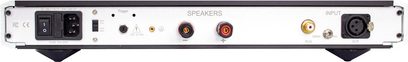Amplificador Nuprime Evolution Two-SE, vista trasera, chasis de aluminio negro y plata, bornes para altavoces, RCA/XLR, toma IEC