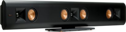 Boxă Klipsch RP-440D SB neagră în format bară, patru difuzoare cuprate, tweetere cu pavilion și soclu