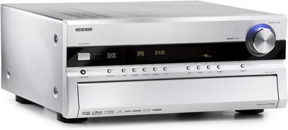 Amplituner kina domowego Onkyo TX-SR806 w kolorze srebrnym, widok z przodu, panel przedni z wyświetlaczem, przyciskami i pokrętłem regulacji