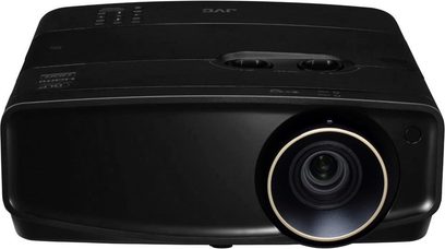 JVC LX-UH1 sort videoprojektor, set forfra, centreret linse omgivet af en gylden ring, blank sort front, knapper på toppen