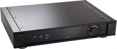 Ampli hi-fi stéréo Rega Elicit MK5 noir, vue de face, façade avec boutons et prises, boîtier rectangulaire en métal