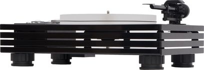 Music Hall MMF 11.3 sort pladespiller, set ovenfra, tonearm med pickup, pladetallerken, pickup-lift, kontravægt